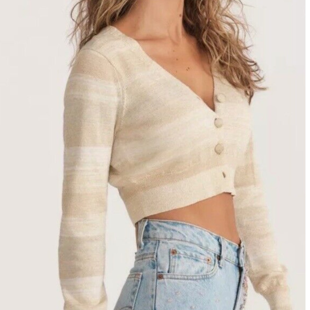 LoveShackFancy Cream and White Striped Cropped Cardigan